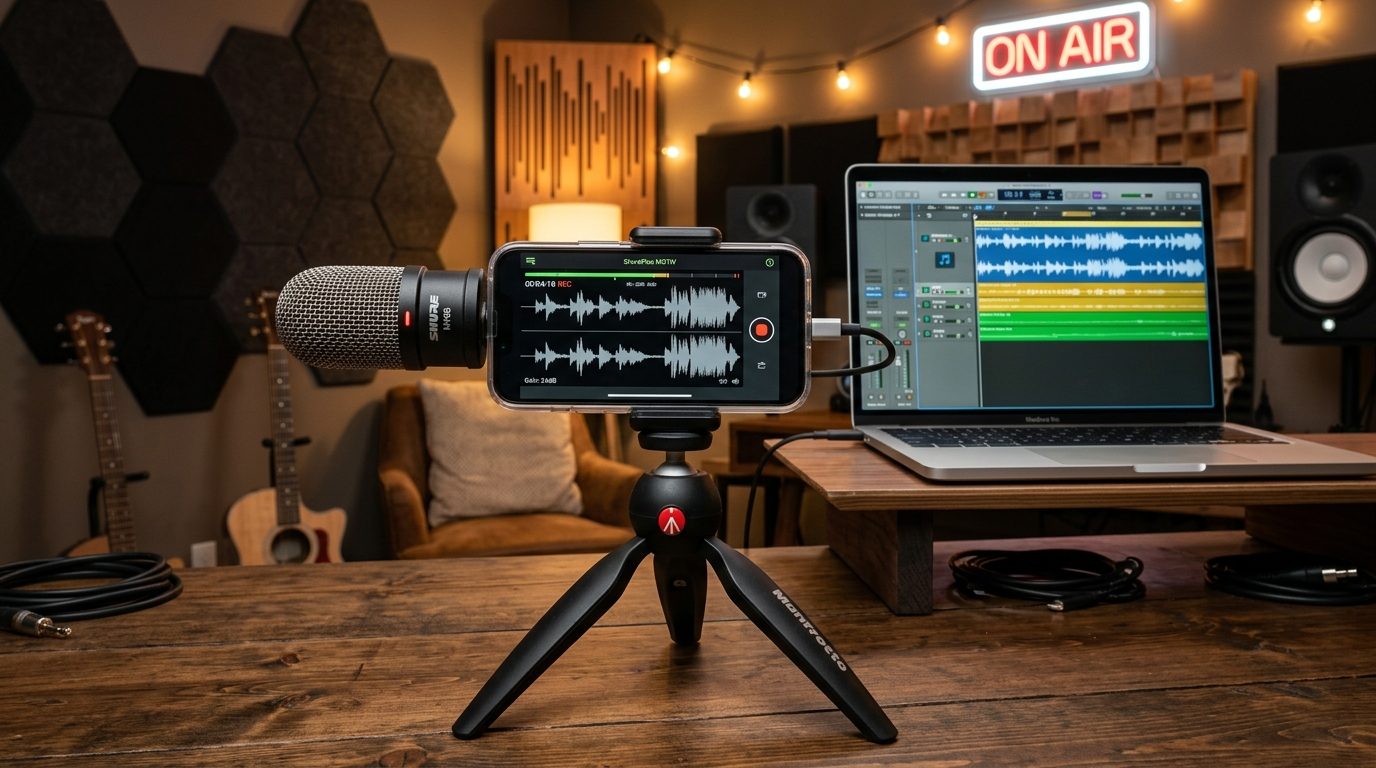 Micro thu âm Shure MV88 trên bàn làm việc phòng thu studio